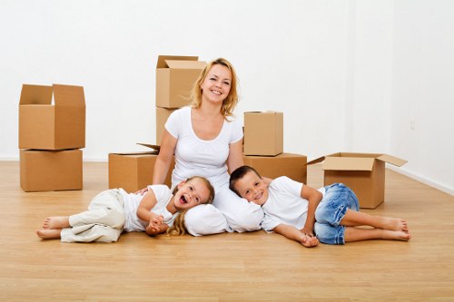 Household moving boxes and furniture prepared for transport